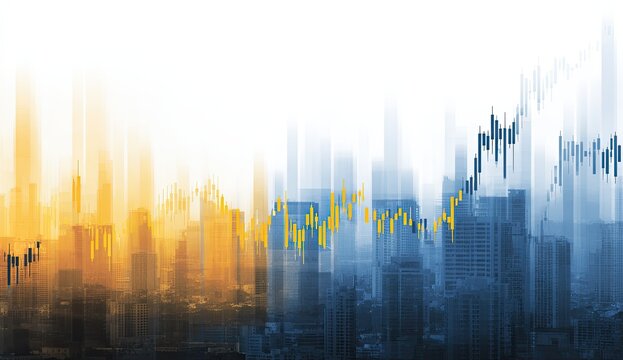 City skyline overlaid with financial charts, rising and falling