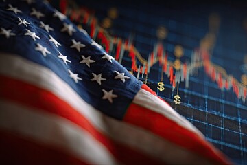 American flag draped over financial market data chart