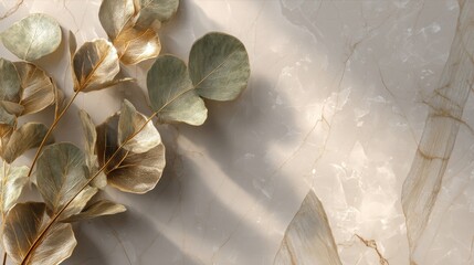 Elegant eucalyptus leaves on marble surface, luxury home decor background, sophisticated wedding stationery design, high-end lifestyle branding

