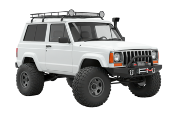 Isolated white 4x4 utility vehicle SUV with off-road equipment for travel and exploration