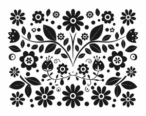 Black and white folk art floral pattern with leaves and dots