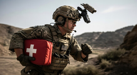 Military medic running with first aid kit, carrying essential medical supplies. Combat rescue mission concept for military medicine.