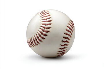 Close-up of a baseball, white leather with reddish-brown stitching, isolated on white background
