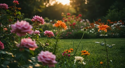 Colorful flowers in garden at sunset