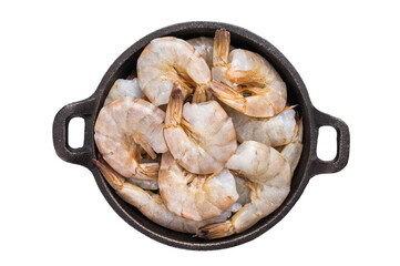 Raw headless white shrimps prawns in a skillet isolated on white background.