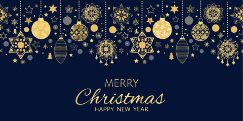 Elegant gold christmas ornaments and snowflakes border on dark blue background with merry christmas text
