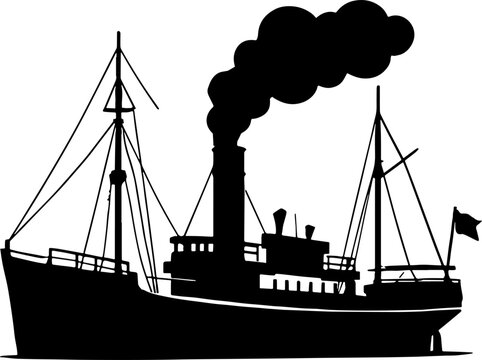 Old Steamship with Chimney Smoke - Vintage Marine Silhouette With White Background 