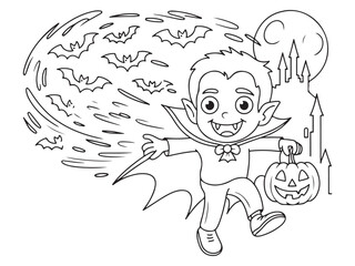 Cute Cartoon Vampire Kid in a Cape Near a Haunted Castle