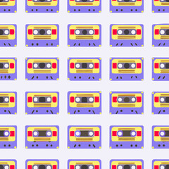 Retro cassette tape seamless pattern in purple and yellow