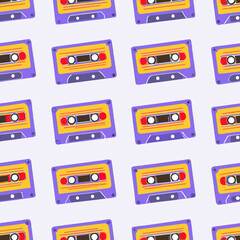 Retro purple and yellow cassette tape seamless pattern