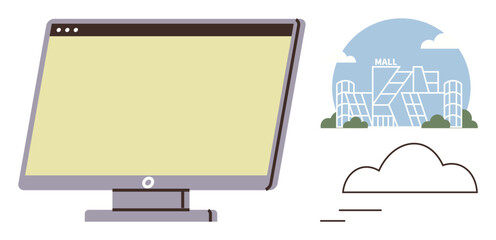 Computer monitor with blank screen and modern mall icon in a cloud setting. Ideal for online retail, e-commerce, virtual shopping, digital marketing, cloud solutions, business innovation, simple flat