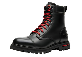 Black Leather Combat Boot with Red Laces on White Background.