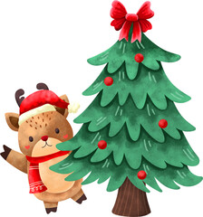 Watercolor Christmas Cute Reindeer 