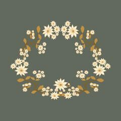 White flower wreath for various festivals, green background, retro style vintage Elegant logo template. Vector illustration for labels, corporate identity, wedding invitation, monogram, floral emblem