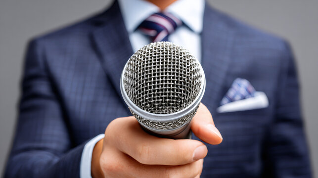 Man holding a classic microphone. Speaker or reporter giving a presentation. Public speaking concept for news, interview or event. - Powered by Adobe
