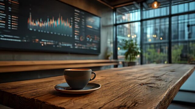 Coffee sits on a rustic wooden table in a modern workspace with data visualizations on display in the background