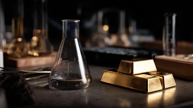 Golden Bars in Lab: A still-life composition capturing the essence of scientific inquiry. Glassware and gold bars stand in stark contrast against a neutral setting, implying exploration, discovery.