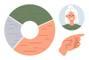 Colorful segmented pie chart, hand pointing to data, smiling woman portrait. Ideal for analytics, teamwork, education, data visualization, business growth, report creation simple flat metaphor