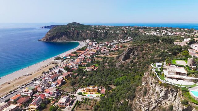 Aerial Drone High Pass Over Coast And Beach, Milazzo, Sicily, Italy.