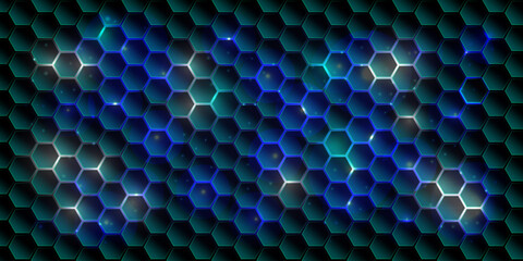 Neon Hexagon Honeycomb Futuristic Technology Pattern Background.