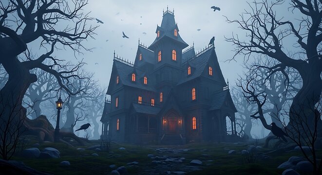 Haunted gothic mansion with glowing windows in eerie foggy forest spooky atmosphere