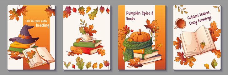 Collection of vector posters with books and autumn leaves. Illustrations with pumpkin, cup of tea, witch hat, and cozy autumn compositions. Template for greeting cards, posters, bookshop.