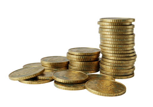 Isolated gold money coins of euro currency with value and value stacked on each other - Powered by Adobe