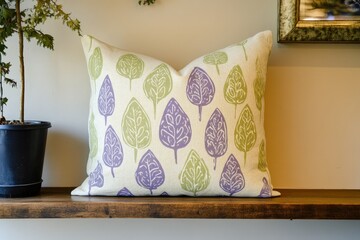 A decorative pillow, featuring a repeating pattern of stylized leaves in muted greens and purples, rests on a wooden shelf against a neutral wall.