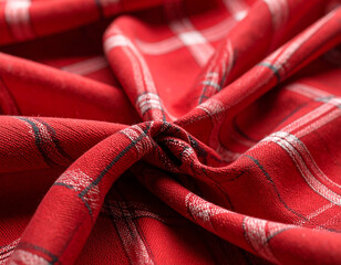Close-up of red plaid fabric with soft folds and textured surface. Textile material in tartan checkered pattern, ideal for fashion, clothing design, upholstery, or fabric backgrounds.