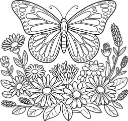 Butterfly and Flowers Coloring Page – Garden Line Art for Kids and Adults