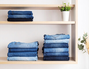 Neatly folded stacks of blue jeans on wooden shelves with a small potted plant for decoration. Minimalist clothing organization and denim display in a modern interior setting.
