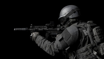 soldier is poised with a firearm, showcasing a tactical stance in a dark setting. scene highlights...