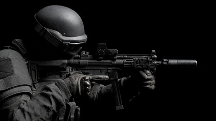 soldier dressed in black tactical gear is aiming a modern rifle in a low-light setting. focus is on...