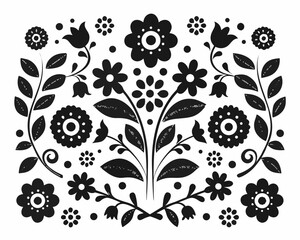 Black and white folk art floral pattern with stylized flowers and leaves © Indira