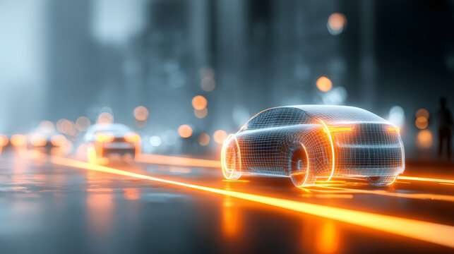 Digital wireframe car model driving on futuristic road with glowing lines. Modern technology concept for self driving vehicle and smart transportation.