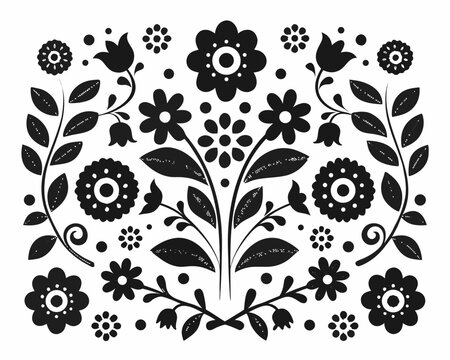 Black and white folk art floral pattern with stylized flowers and leaves