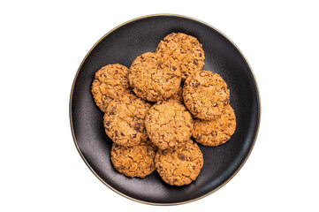 American chocolate chip cookie in a plate isolated on a white background