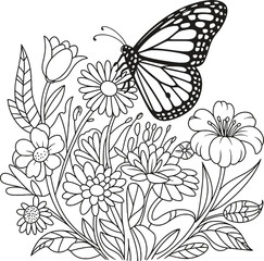 Butterfly and Flowers Coloring Page – Garden Line Art for Kids and Adults