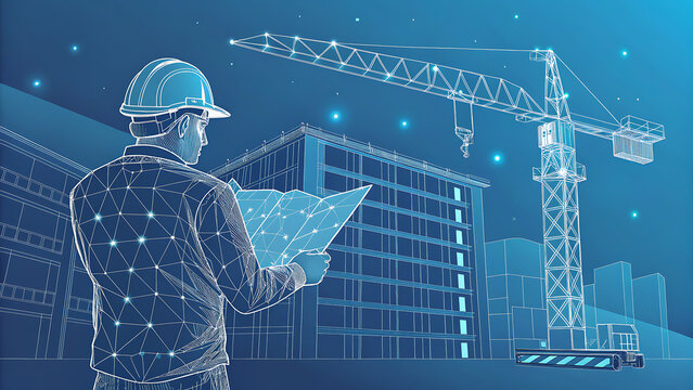 Architect reviews blueprint of construction site with crane and building image photo - Powered by Adobe
