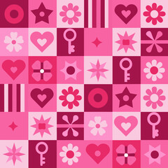 Geometric pattern with pink hearts stars flowers keys and stripes