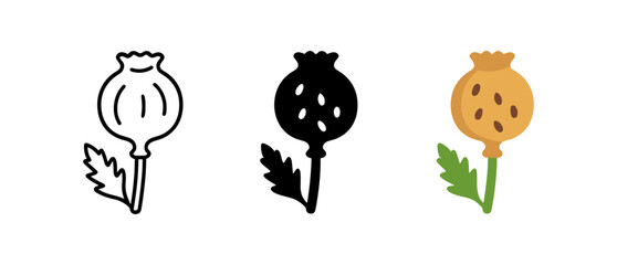 Poppy seed pod icons: minimalist black and white and colorful design