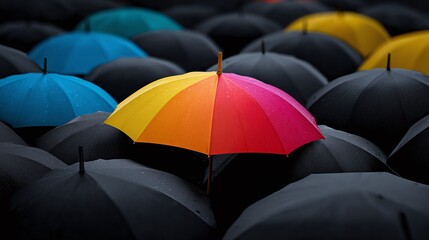 Colorful umbrella stands out in a sea of black umbrellas. A striking contrast and a symbol of individuality. Vivid and unique.