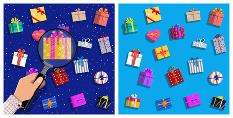 Hand holding magnifying glass over flying gift box with pattern. Search and find present concept. Fun happy holiday celebration.
