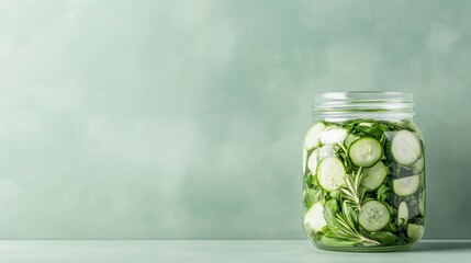 Glass jar filled with fresh green slices of cucumber and herbs. Jar sits against a light green textured background.