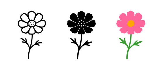 Floral trio: black and white and colorful flower icons for design projects