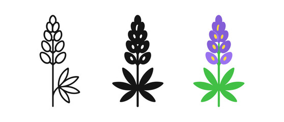 Minimalist and bold designs of lupine flower icons in set