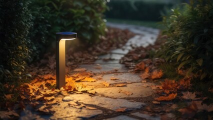 Illuminated Pathway: Modern Solar Lamp Guides Autumnal Stone Path, Warm Glow.