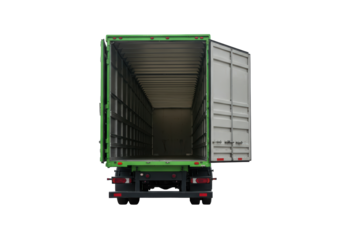 Isolated semi-trailer with open door, transport truck, commercial vehicle with green panels