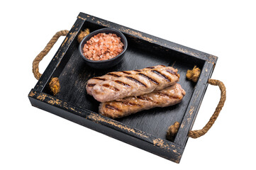 Grilled sausages with beef and pork meat isolated on white background