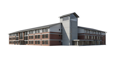 Fototapeta premium Modern brick building with glass atrium and pitched roof against a white background